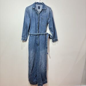 GAP Jumpsuit Womens 8 Blue Denim Jumper Long Sleeve Wide Leg Utility Workwear